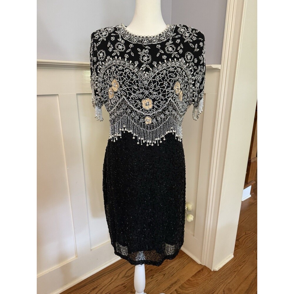 Lillie Rubin Silk Embellished Beaded Pearl Evening Cocktail Party Dress 10 Vtg